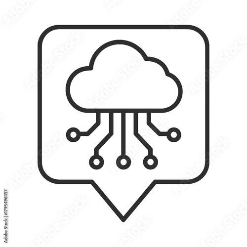 Thin line AI cloud network icon inside square pin, black vector symbol representing cloud computing, IoT, and machine learning systems.