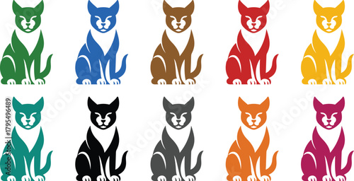 Sitting cats in various colors feline collection, Multicolor cat silhouettes set