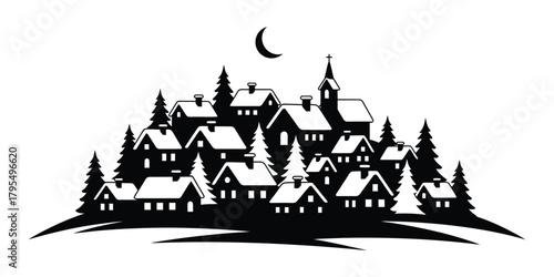 Silhouette of a charming village under the moonlight