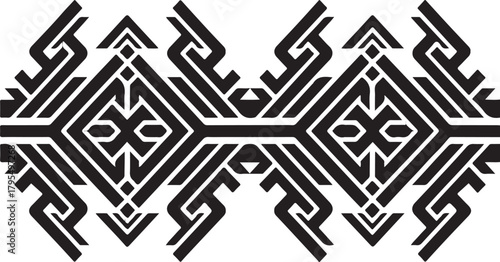 Black and white abstract geometric pattern, a symmetrical tribal design featuring intricate lines and shapes for decor Vector