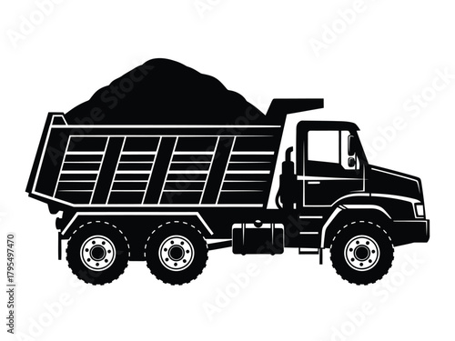 Black dump truck filled with dirt heavy vehicle