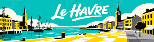Le Havre harbor scene in vector style on solid background