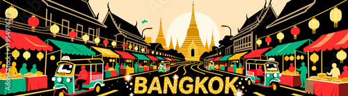 Bangkok market scene in vibrant vector silhouette style