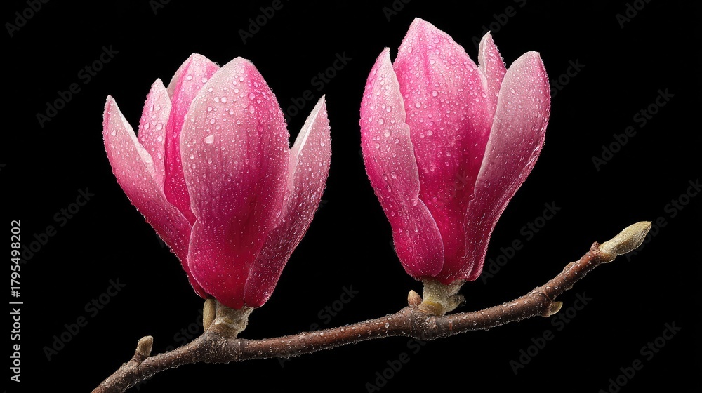 Fototapeta premium Two pink flower buds covered in fresh water droplets rest upon a dark brown branch against a solid black background.