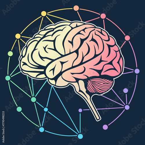 Colorful brain illustration with interconnected dots, symbolizing neural networks, artificial intelligence, and cognitive function