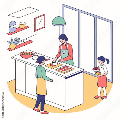 Isometric illustration of a family preparing food in the kitchen, with a mother cutting meat, a son making a salad, and a daughter holding a bowl