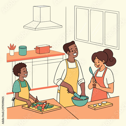A cheerful family cooking together in the kitchen, with a father chopping vegetables, a mother stirring a bowl, and a son preparing salad