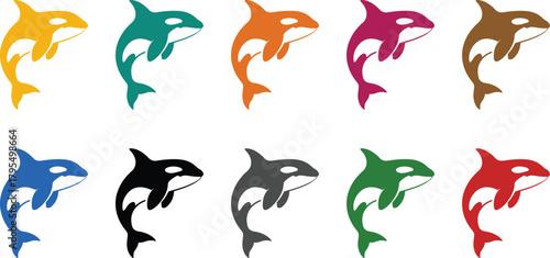 Orca whale icons in various colors on white killer whale, Multicolor killer whale icons collection