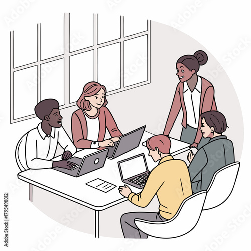 A diverse group of colleagues are gathered around a table, working together on a project they are using laptops and papers, and they appear to be collaborating effectively