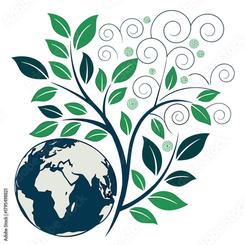 Illustration of a tree growing around the earth, symbolizing environmental protection and sustainability, a visual metaphor for growth