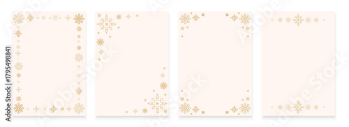 Elegant beige templates with gold snowflake bordersin a minimalist style , for holiday invitations, Christmas menus, winter themed greeting cards, event stationery, seasonal print.Vector illustration