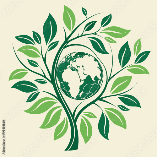 Illustration of a tree growing around the earth, symbolizing environmental protection and sustainability a visual metaphor for growth and harmony