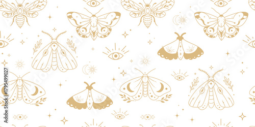 Seamless pattern with golden moths, all seeing eyes, moons, and stars in a mystical boho style, for textile design, packaging, wallpaper, branding, posters, and spiritual or esoteric projects.Vector