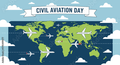 Celebrate Civil Aviation Day with a vibrant world map showing planes connecting continents, perfect for travel agencies, aviation schools, or educational materials about global connections