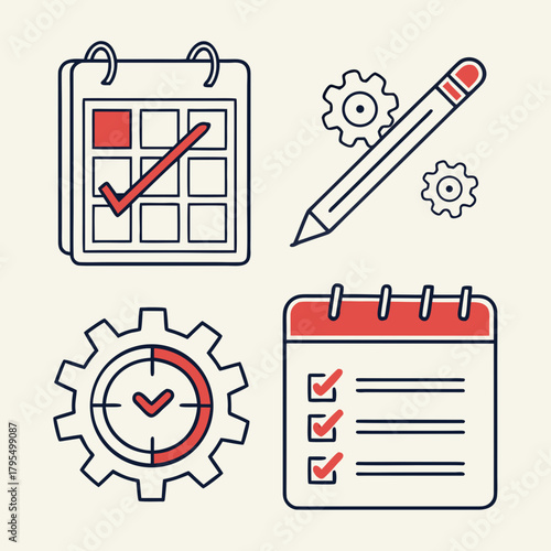Calendar with a marked date and a checkmark, a pencil surrounded by gears, a gear with a clock inside, and a calendar with a todo list