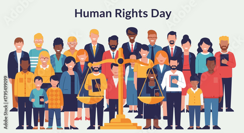 Celebrate Human Rights Day with diverse people standing together for justice and equality, promoting global harmony and social responsibility for a better world filled with peace and understanding