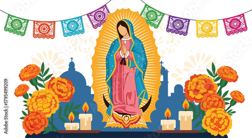 Celebrate Dia de los Muertos with vibrant marigolds, candles, and a beautiful Virgin Mary illustration, perfect for cultural events, festive decorations, and heartwarming family celebrations
