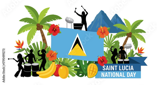 Celebrate Saint Lucia National Day with vibrant tropical illustrations and lively silhouettes enjoying music, perfect for festive greetings, cultural events, and Caribbean promotions