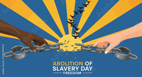 Celebrate Abolition of Slavery Day with vibrant imagery of broken chains symbolizing freedom and hope for equality, perfect for impactful social justice campaigns and educational resources