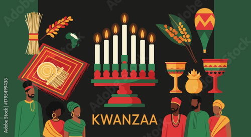 Vibrant Kwanzaa celebration with kinara candles and African cultural symbols, perfect for festive greeting cards and educational resources, promoting unity and heritage, celebrating traditions