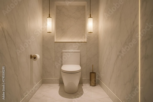 Luxury hotel bathroom toilet area, white marble, elegant lighting, modern design