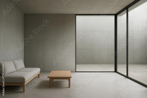 Minimal living space with concrete, glass, serene vibe