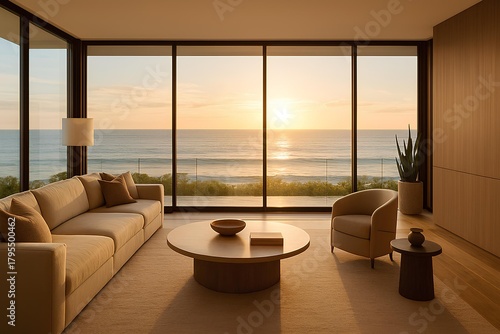Luxury modern living room with floor-to-ceiling windows and ocean view, warm natural light