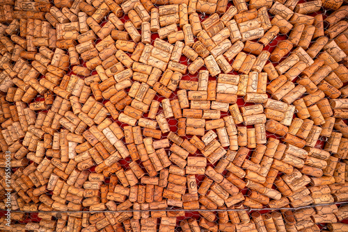 Decorative wall made of wine corks in a traditional restaurant in Vila Nova de Milfontes, Alentejo, Portugal.