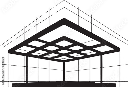 Abstract geometric corner structure illustration with grid pattern on ceiling, architectural perspective and modern design Vector