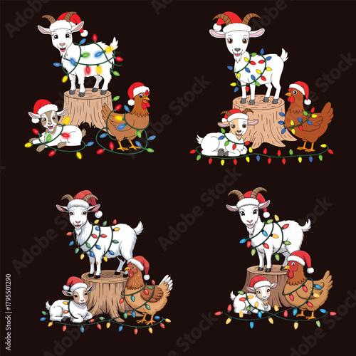Cute christmas goats and chicken wearing santa hats and tangled in lights vector t shirt design