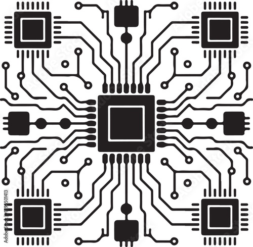 Abstract representation of a complex integrated circuit design with multiple microchips and interconnected electronic components Vector