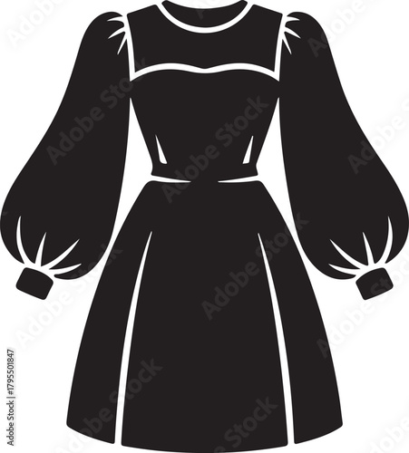 Black vector silhouette illustration of a women's dress with puffed balloon sleeves, fitted bodice, and a flared skirt. Vector