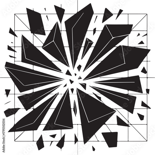 Abstract geometric explosion with scattered black shards and a radiating pattern on a white background. Vector