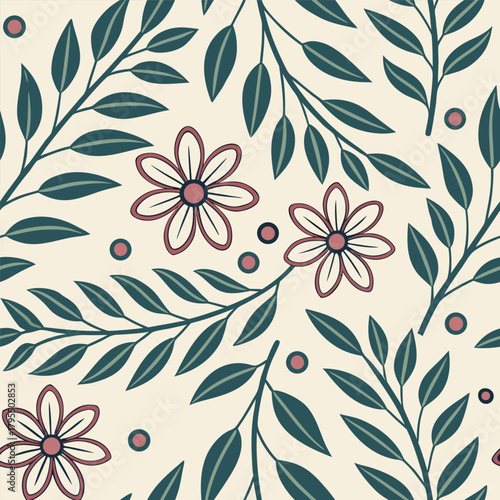 Botanical Flower And Leaf Hand Drawn Seamless Pattern. Repeatable seamless pattern.