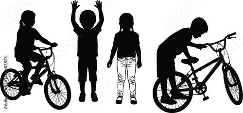 Children silhouette illustration, black figures, outdoor play, biking kids, childhood activity, movement pose, youth freedom, energetic moment, fun, lifestyle