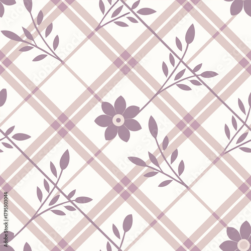 Soft Pastel Plaid Seamless Pattern With Floral Accent. Repeatable seamless pattern.