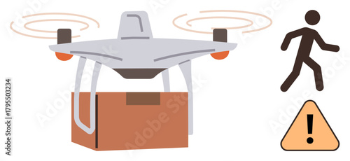 quadcopter carrying package with rotating blades, warning sign symbolizing caution, pedestrian walking indicating urban delivery. Ideal for technology, logistics, safety, innovation, urban delivery