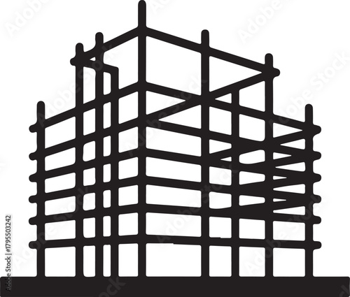 Abstract black silhouette of a modern building's structural framework, representing urban development and progress. Vector
