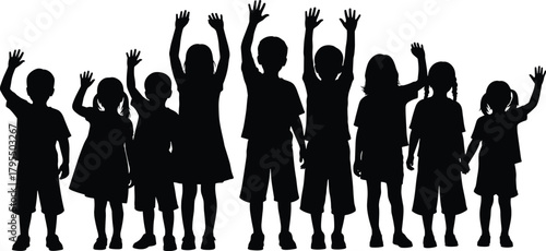Children silhouette illustration, black figures, raised arms, standing kids, playful gesture, youth group, education, diversity, school theme, unity, joy, motion