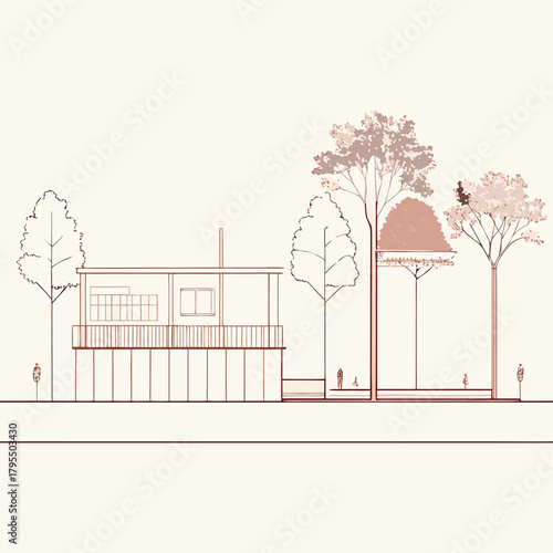 Minimal black-and-white architectural section with modern building, trees, and small human figures
