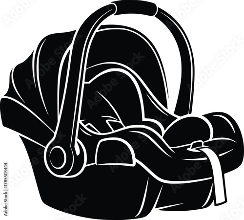 Black and White Vector Icon of Baby Car Seat with Handle and Safety Strap Representing Infant Travel Safety

