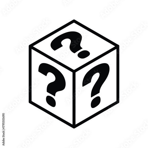 A conceptual illustration of a cube with question marks on its faces representing mystery and uncertainty