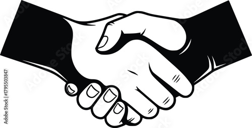 Black and White Vector Icon of Handshake Between Contrasting Hands Representing Agreement and Unity
