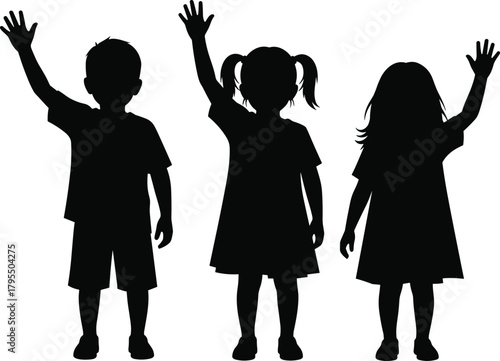 Children silhouette illustration, black figures, raised hands, standing kids, diversity, childhood, education, unity, playful pose, school theme, friendship, youth