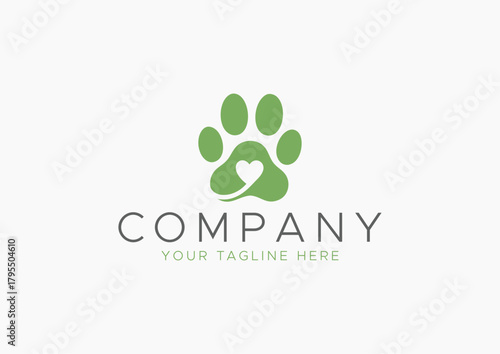 Green Paw Print with Heart Logo Vector, Symbol of Pet Love, Animal Rescue