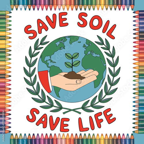 Save soil save life illustration featuring the earth cradled in a hand, surrounded by a laurel wreath and colorful crayon border, promoting environmental protection