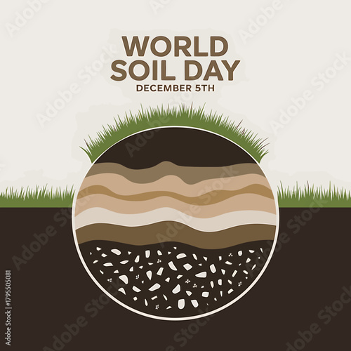World soil day illustration on december 5th, showcasing a crosssection of soil layers and grass, symbolizing earth science and agriculture