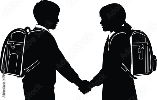 Children silhouette illustration, black figures, school kids, handshake gesture, friendship, education, unity, backpacks, greeting pose, youth, cooperation, classroom, respect