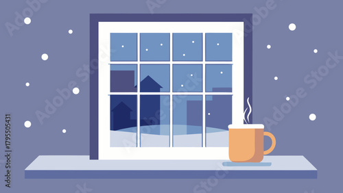 Winter window view with snow falling outside and a steaming cup of hot drink on the windowsill