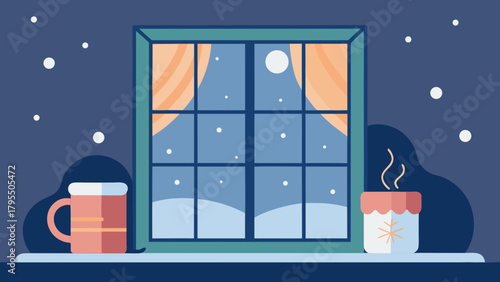 Cozy winter night scene with hot drinks on a windowsill and snow falling under the moonlight